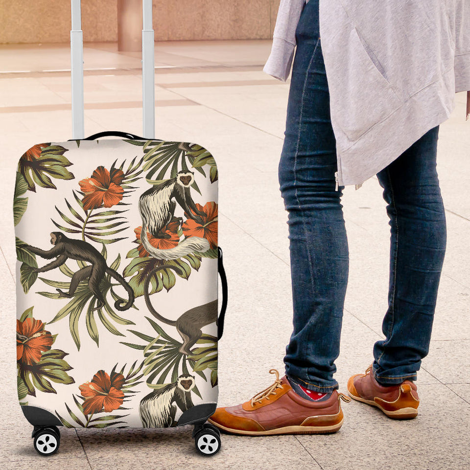 Monkey Red Hibiscus Flower Palm Leaves Floral Pattern Luggage Covers