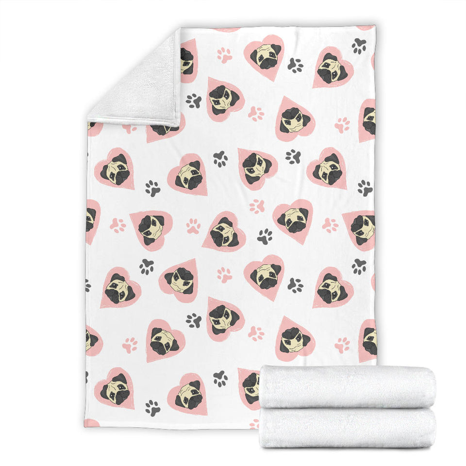 Cute Pugs Pink Heart Paw Pattern Premium Blanket