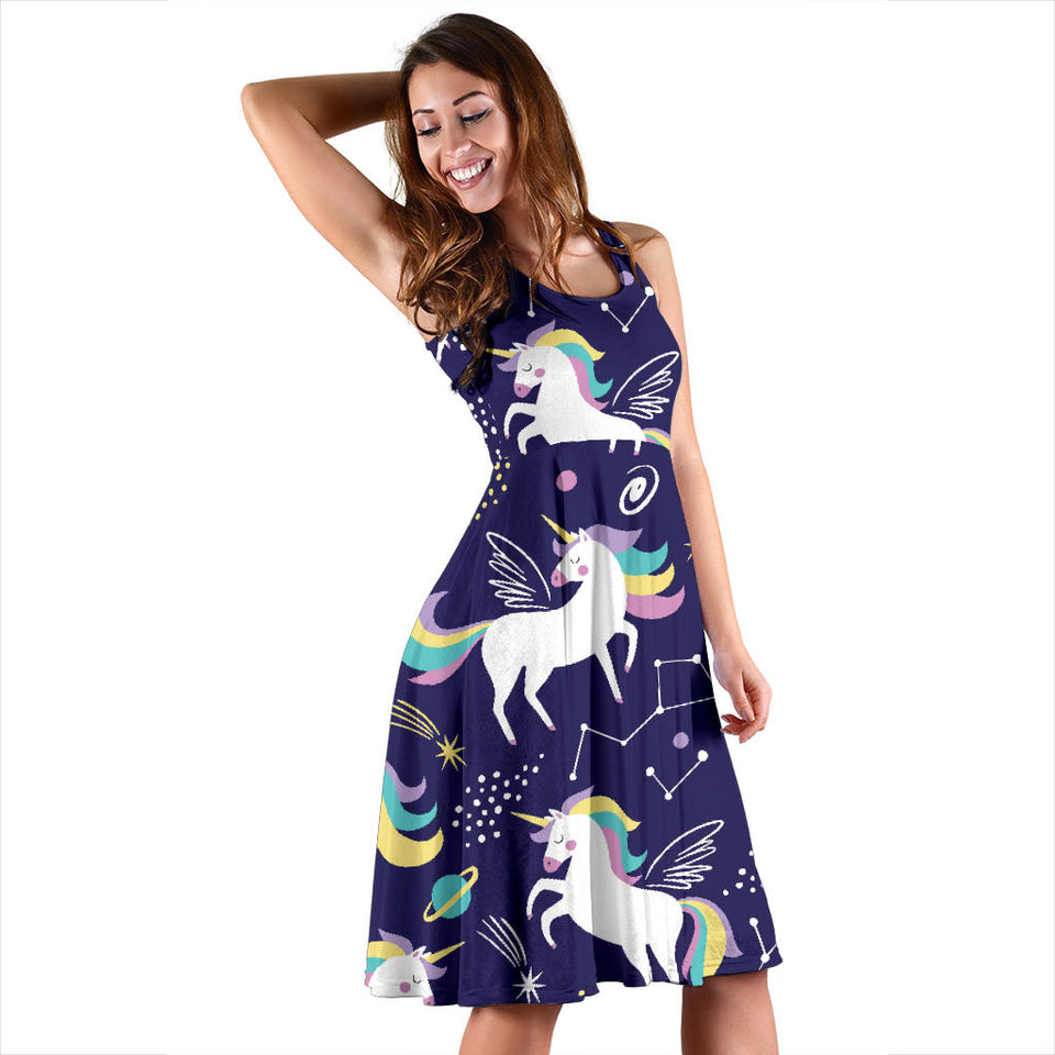 Hand Drawn Cute Unicorn Star Planet Sleeveless Midi Dress