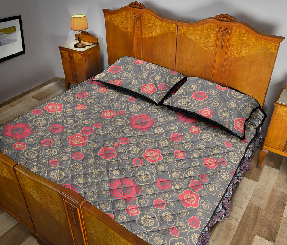 Red gold Sakura cherry blossom gray background Quilt Bed Set