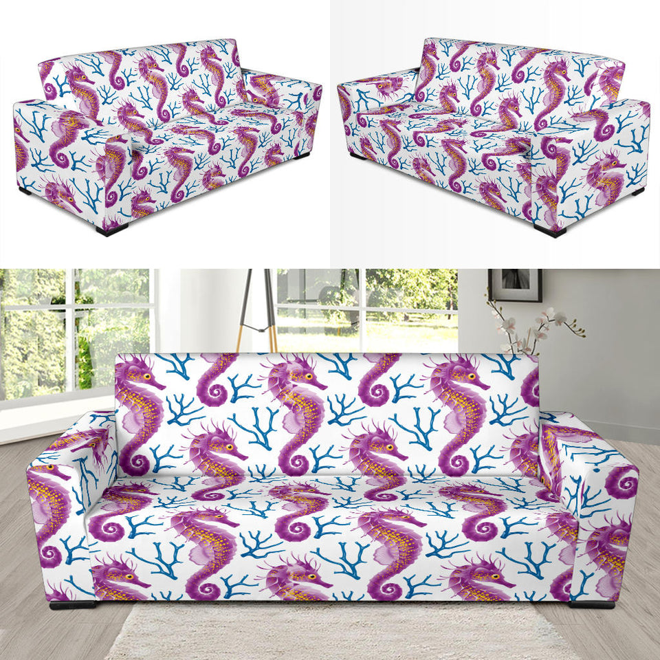 Purple Seahorse Blue Coral Pattern Sofa Slipcover