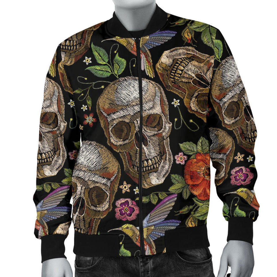 Skull Rose Humming Bird Flower Pattern Men'S Bomber Jacket