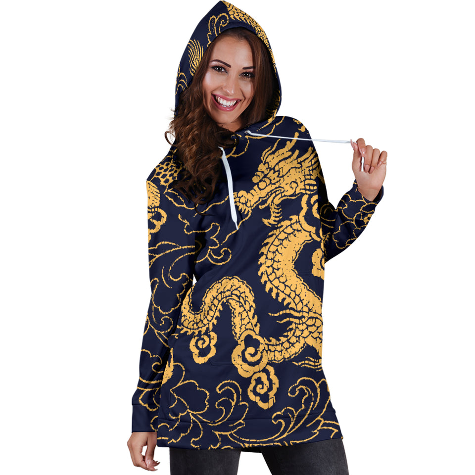 Gold Dragon Pattern Women'S Hoodie Dress