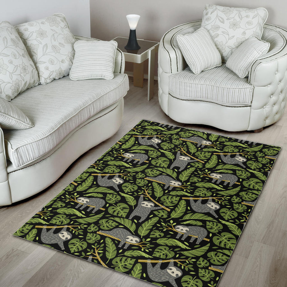 Cute Sloths Tropical Palm Leaves Black Background Area Rug