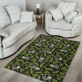 Cute Sloths Tropical Palm Leaves Black Background Area Rug
