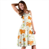 Cute Brown Pomeranian Paw Leave Bone Pattern Sleeveless Midi Dress