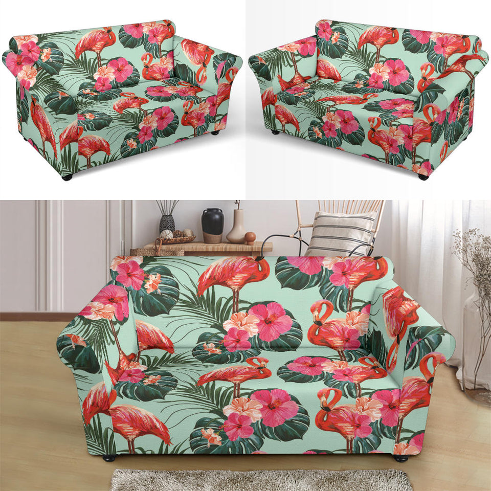 Beautiful Flamingo Tropical Palm Leaves Hibiscus Pateern Background Loveseat Couch Slipcover