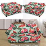 Beautiful Flamingo Tropical Palm Leaves Hibiscus Pateern Background Loveseat Couch Slipcover