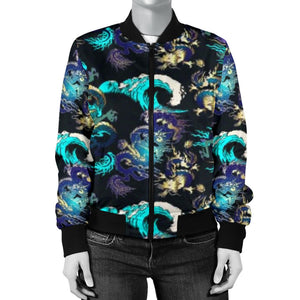 Dragon Sea Wave Pattern Women'S Bomber Jacket