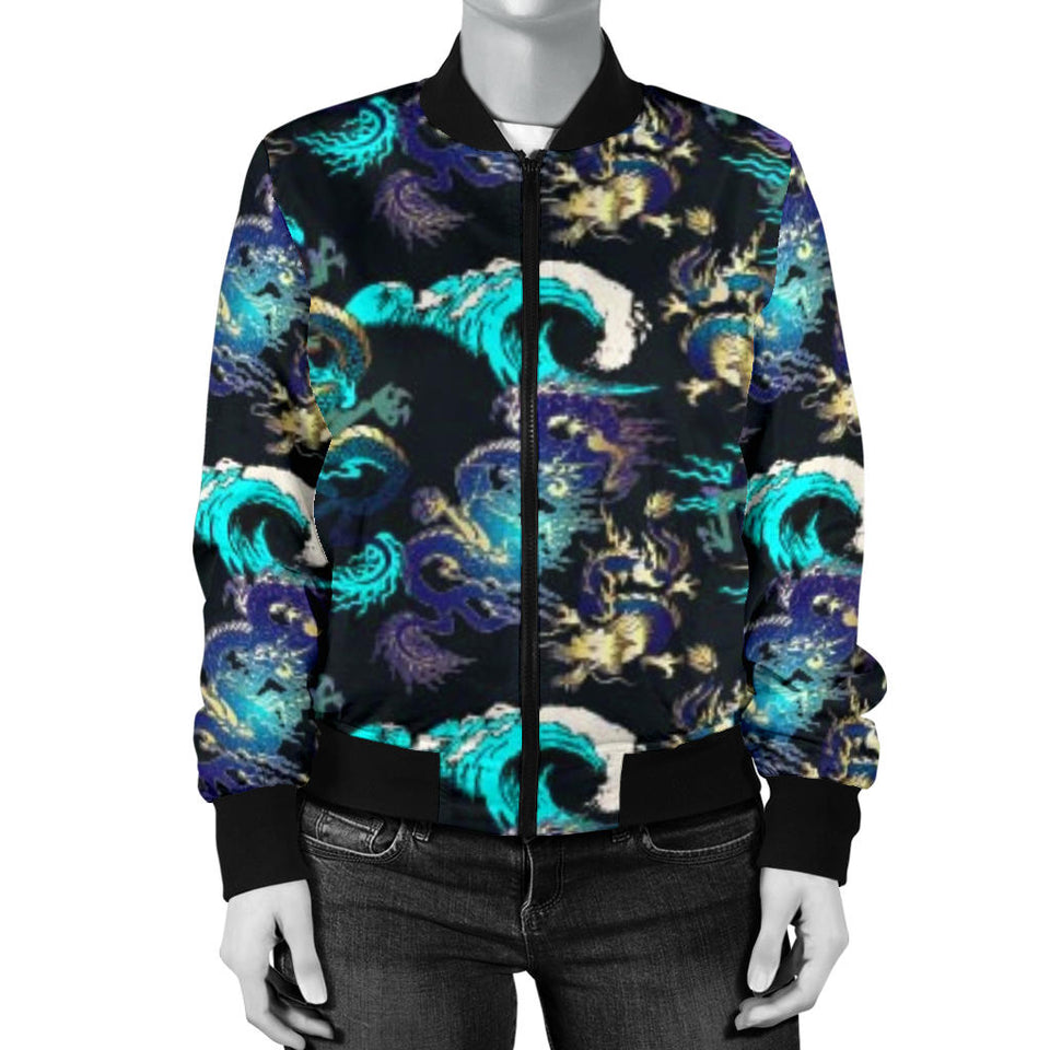 Dragon Sea Wave Pattern Women'S Bomber Jacket