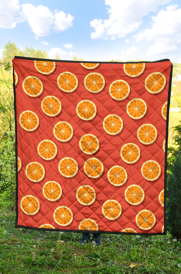 Oranges Pattern Red Background Premium Quilt
