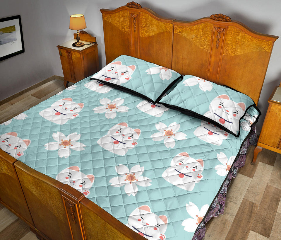 Maneki Neko Lucky Cat sakura Quilt Bed Set