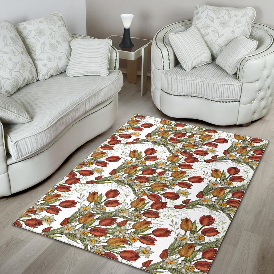 Red Tulips And Daffodils Pattern Area Rug