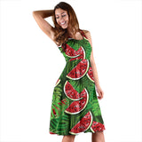 Watermelons Tropical Palm Leaves Pattern Background Sleeveless Midi Dress