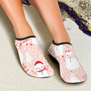 Cute Snowman Christmas Tree Snowpink Background Aqua Shoes