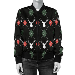 Deer Christmas New Year Pattern Argyle Women'S Bomber Jacket