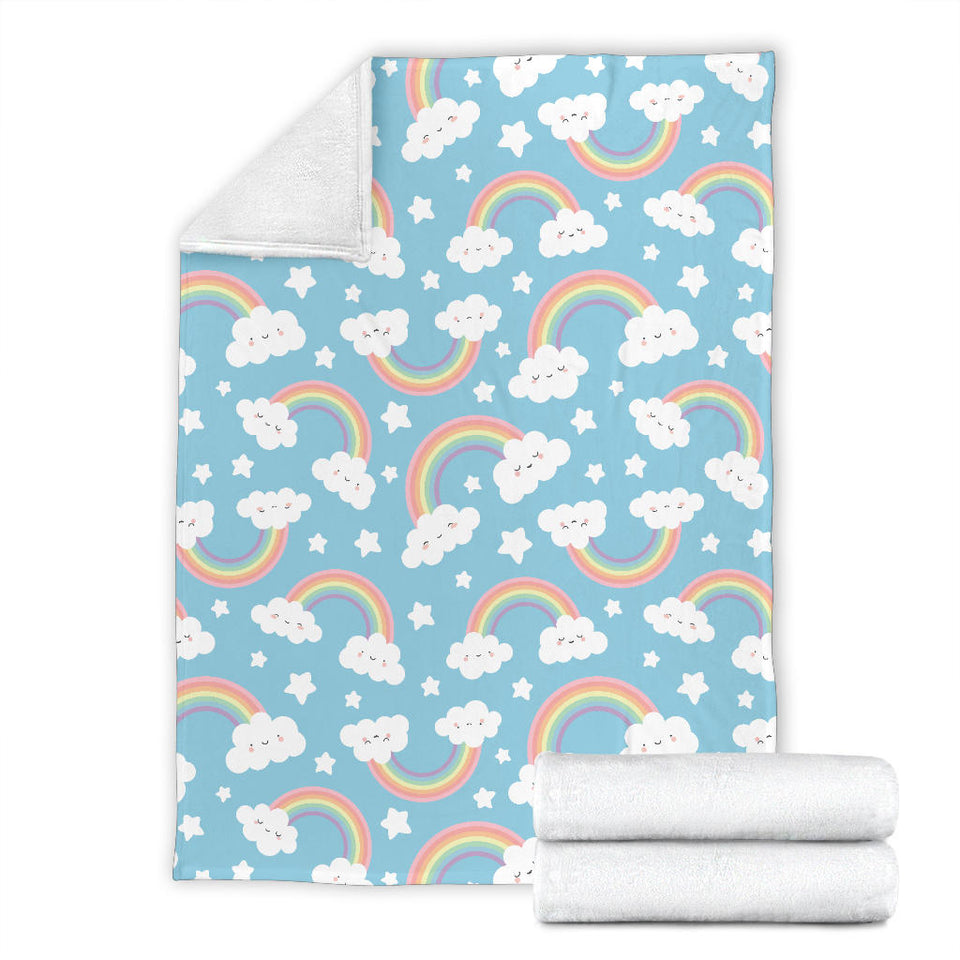 Cute Rainbow Clound Star Pattern Blue Background Premium Blanket
