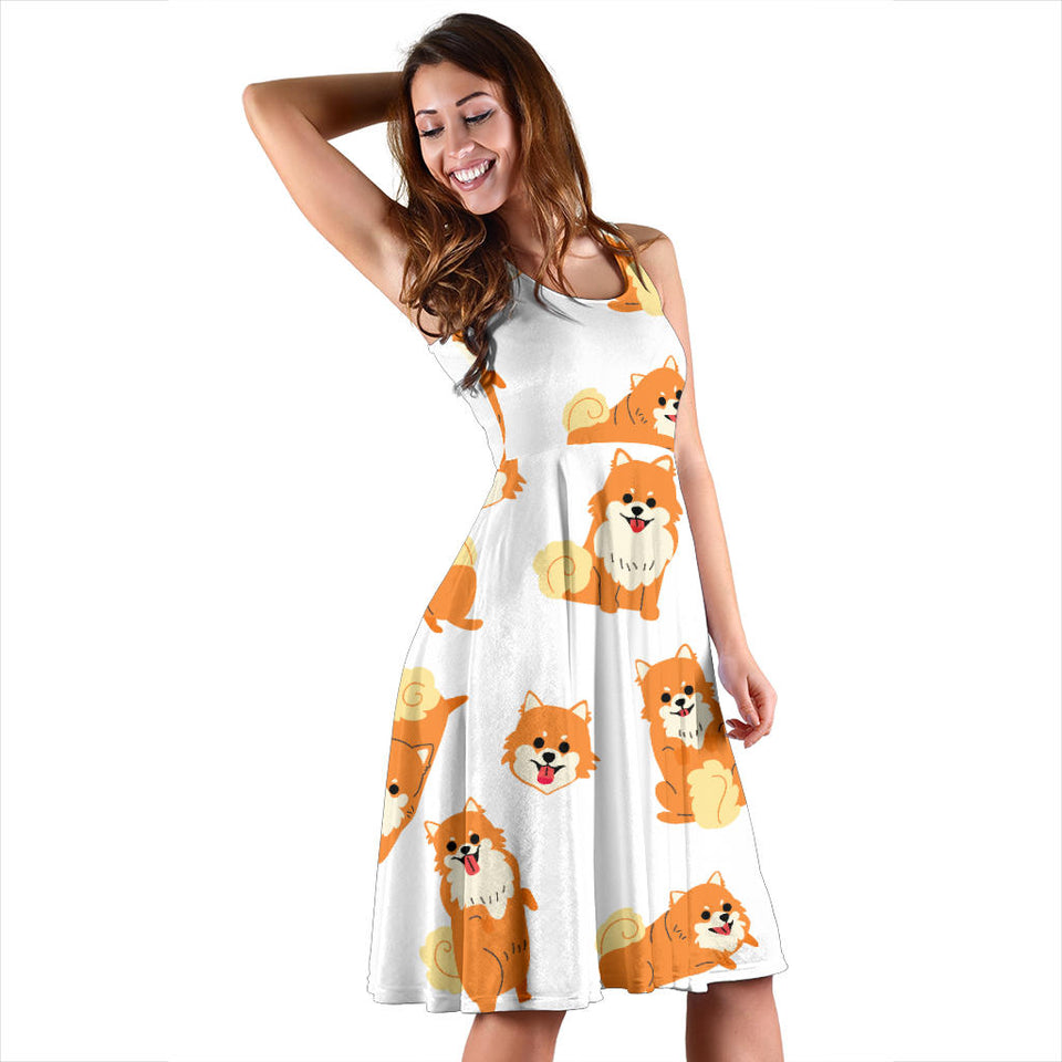 Brown Pomeranian Pattern Sleeveless Midi Dress