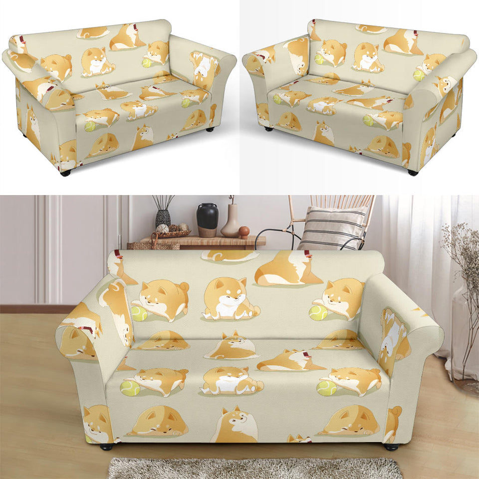 Cute Fat Shiba Inu Dog Pattern Loveseat Couch Slipcover