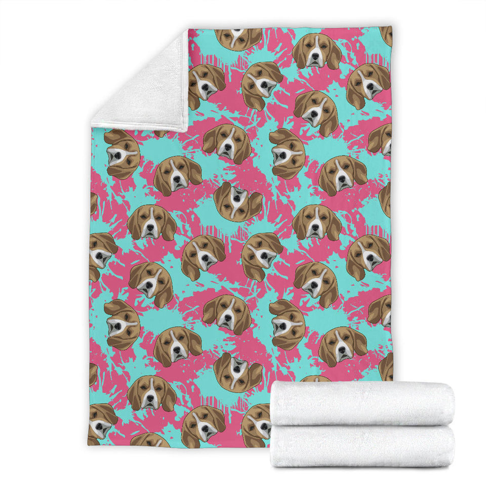Beagle Muzzles Turquoise Paint Splashes Pink Pattern Premium Blanket