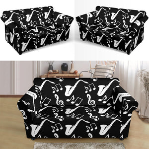 Saxophone Music Notes Treble Clef Black White Theme Loveseat Couch Slipcover