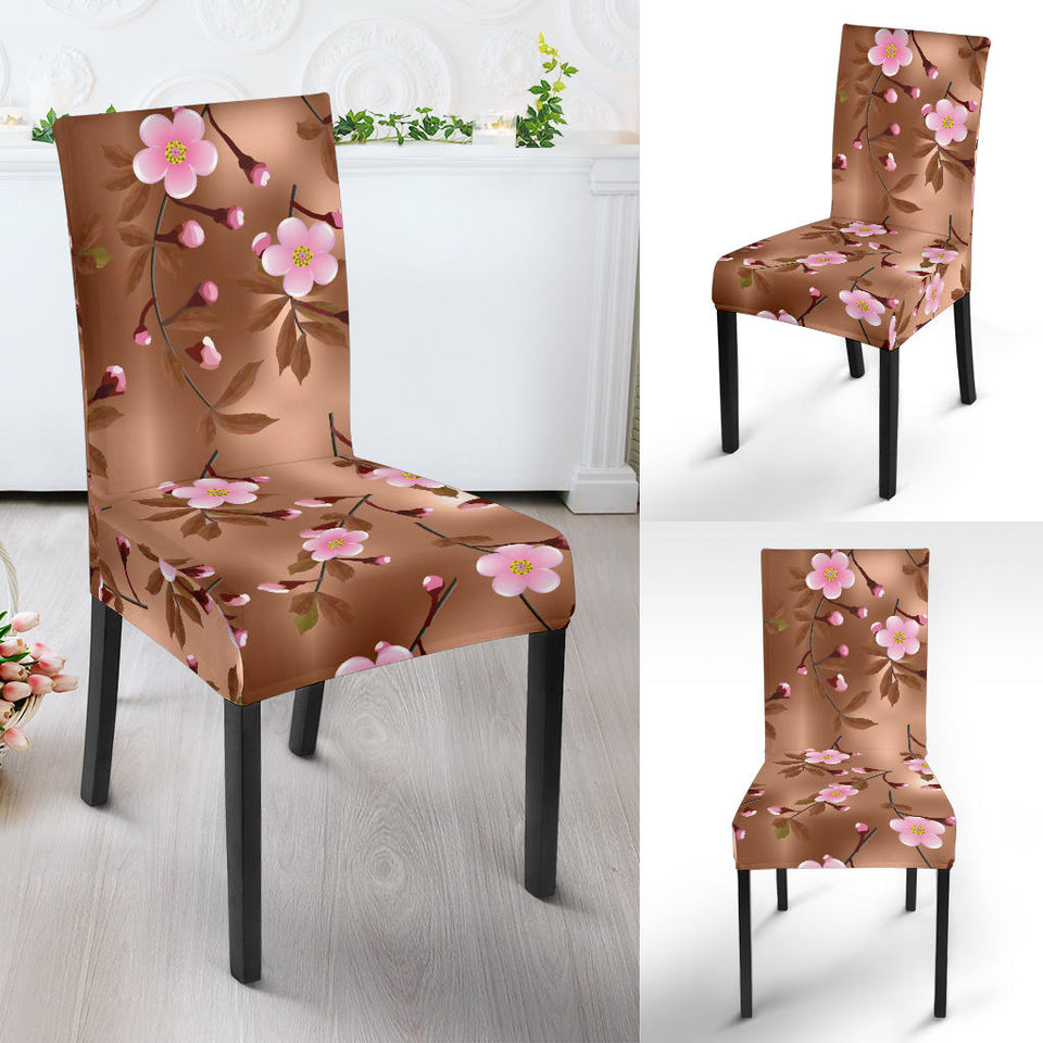 Pink Sakura Cherry Blossom Drak Brown Background Dining Chair Slipcover