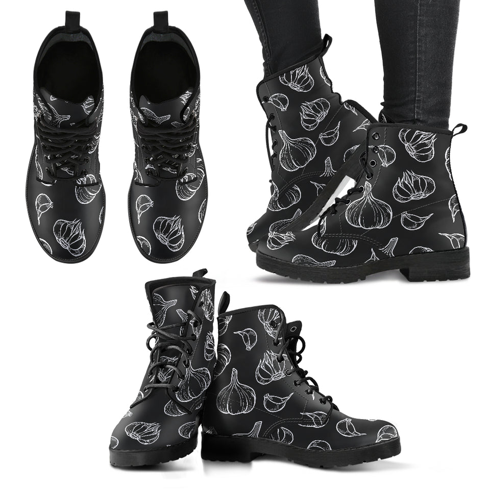 Garlic Pattern Black Background Leather Boots