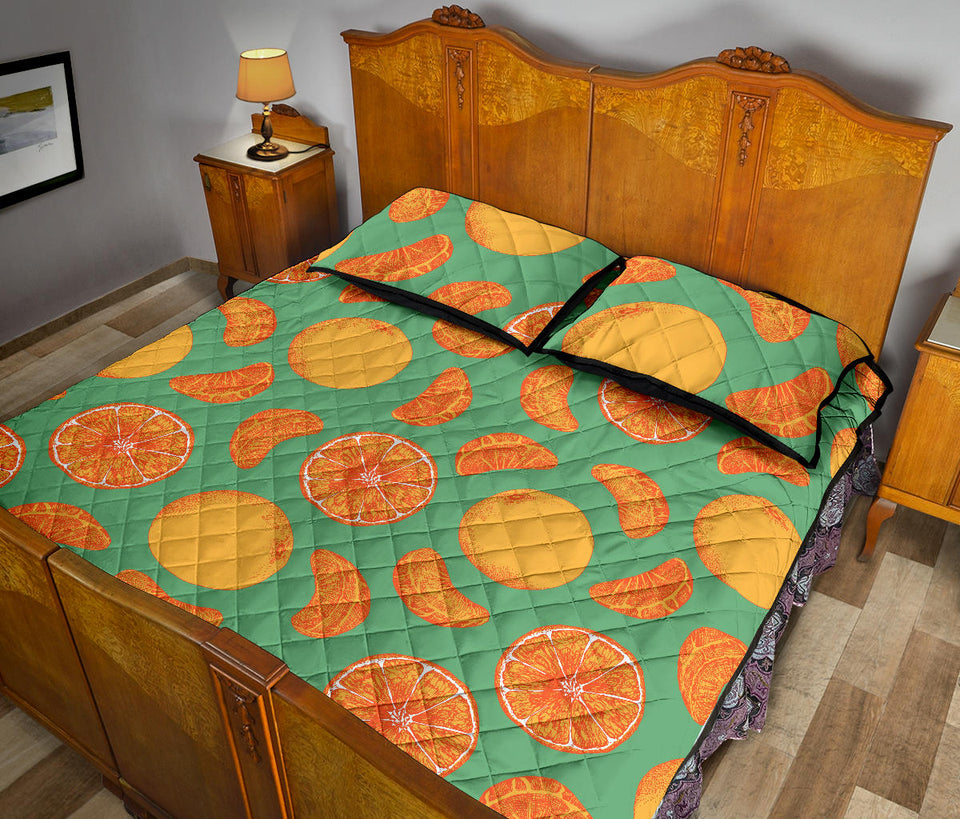 orange fruit pattern green background Quilt Bed Set