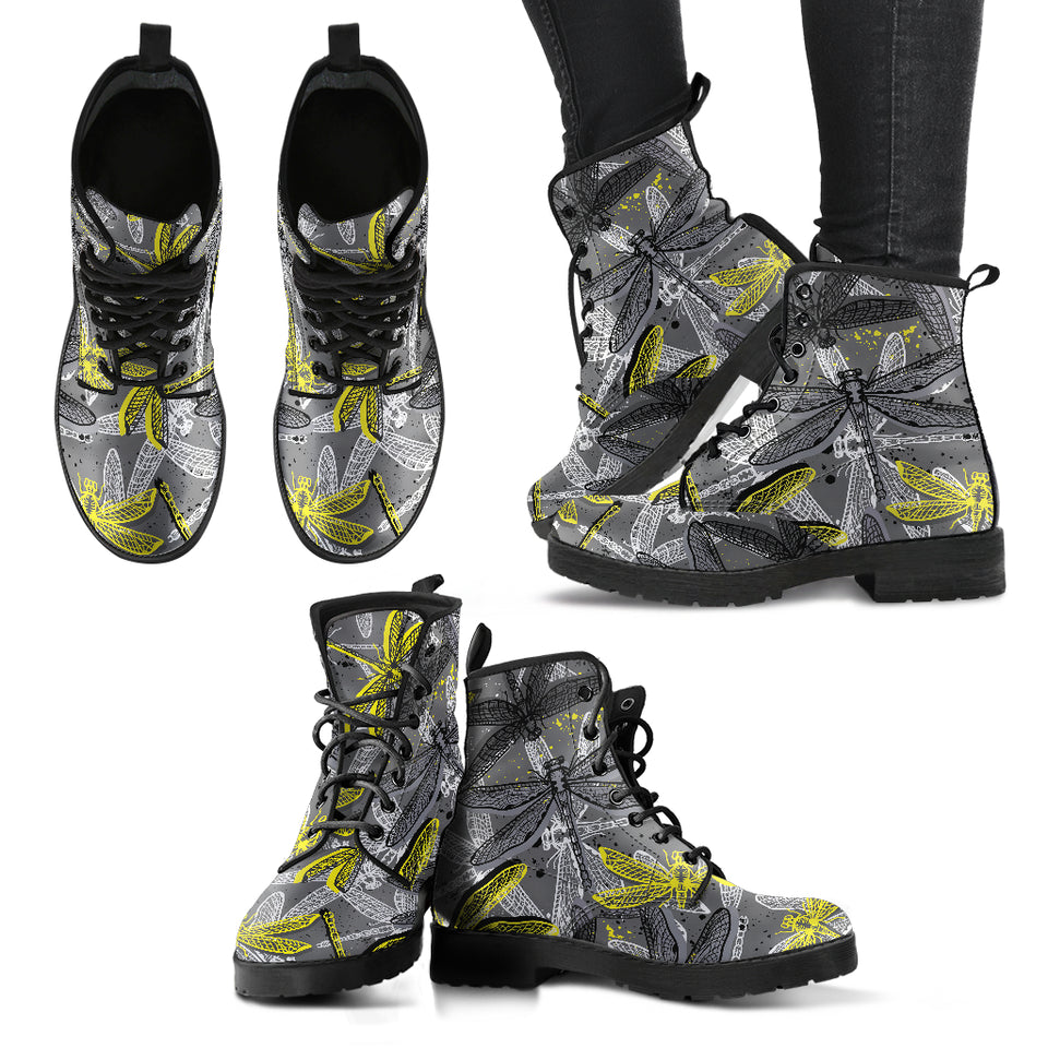 Hand Drawn Dragonfly Pattern Leather Boots
