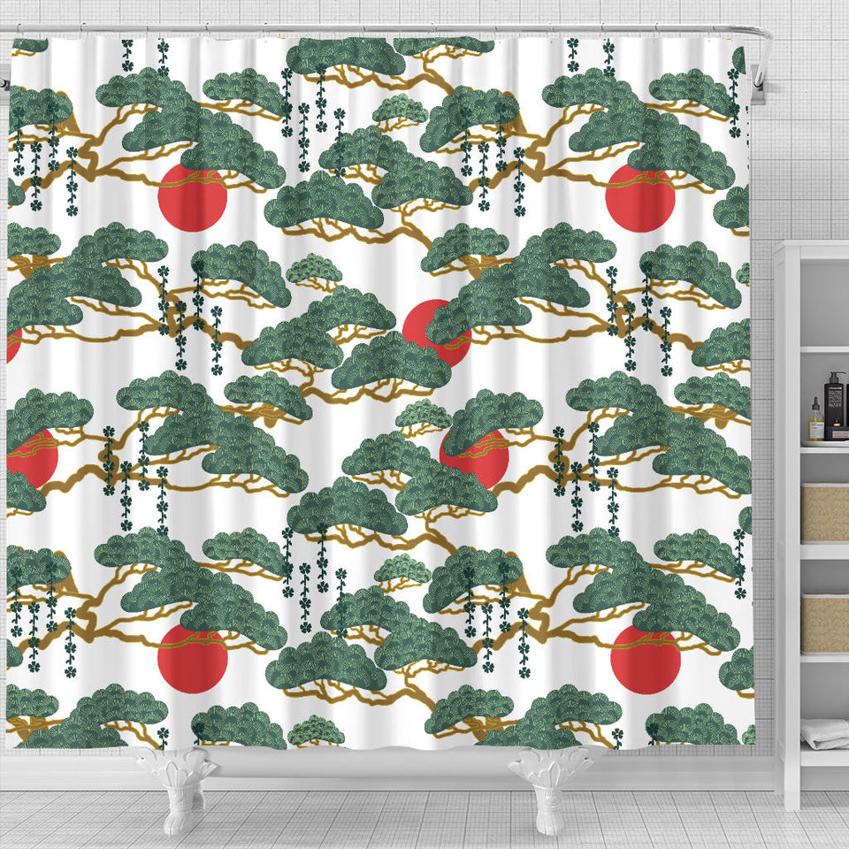 Bonsai Red Sun Japanese Pattern Shower Curtain Fulfilled In US