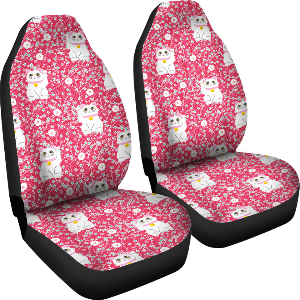 Maneki Neko Lucky Cat Sakura Pink Background Universal Fit Car Seat Covers