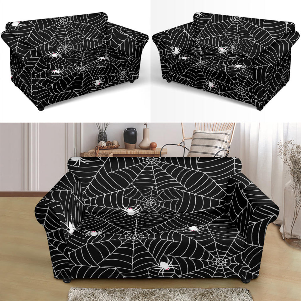 Spider Web Design Pattern Black Background White Cobweb Loveseat Couch Slipcover