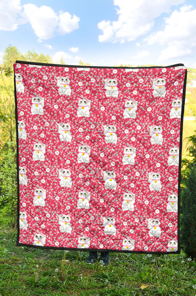 Maneki Neko Lucky Cat Sakura Pink Background Premium Quilt