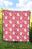 Maneki Neko Lucky Cat Sakura Pink Background Premium Quilt