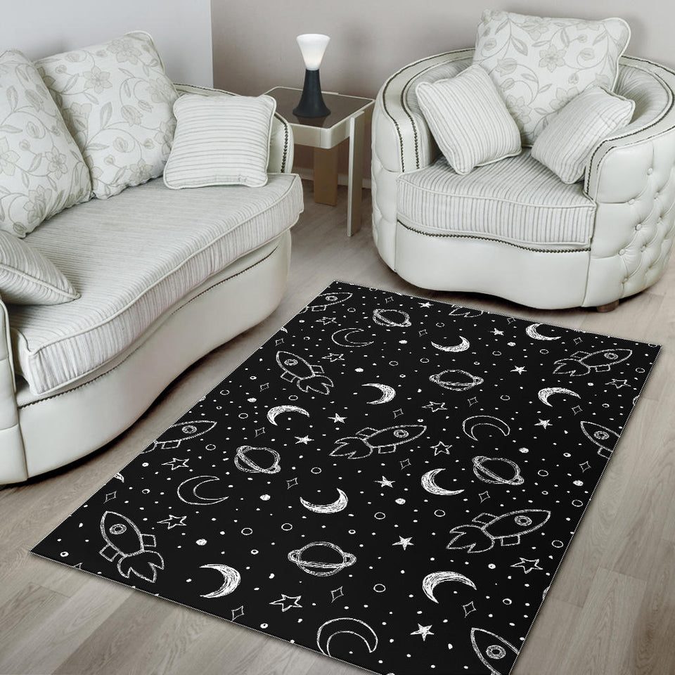 Hand Drawn Space Rocket Star Planet Area Rug
