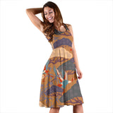 Bonsai Bamboo Stork Japanese Pattern Brown Theme Sleeveless Midi Dress