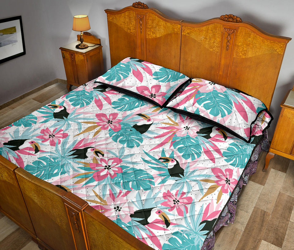 Toucan tropical flower leave pattern Quilt Bed Set