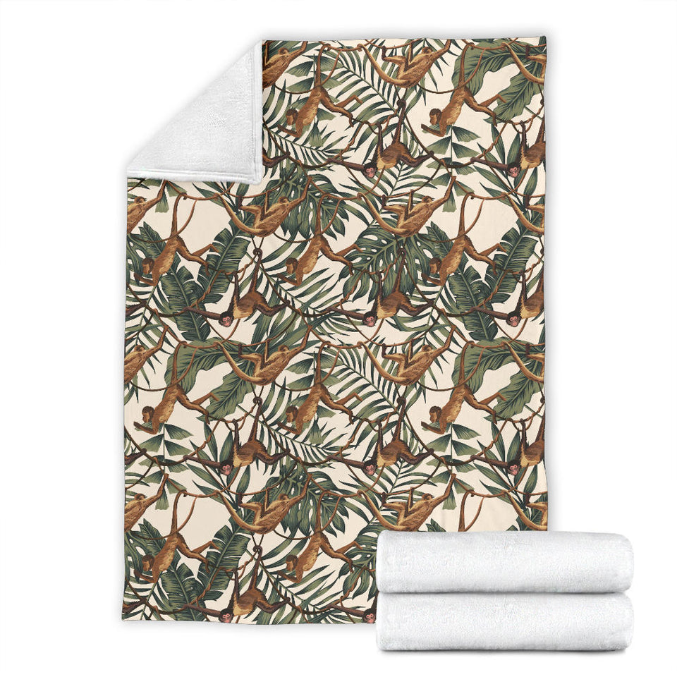 Monkey Tropical Leaves Background Premium Blanket