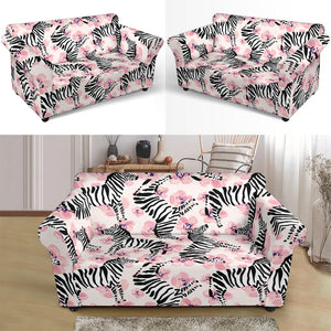Zebra Pink Flower Background Loveseat Couch Slipcover