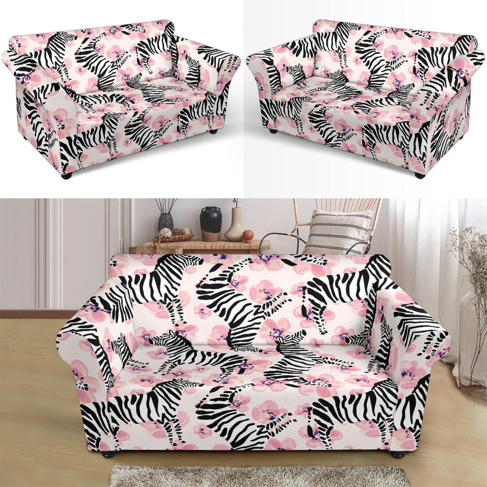 Zebra Pink Flower Background Loveseat Couch Slipcover