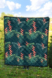 Heliconia Flowers, Palm And Monstera Leaves On Black Background Pattern Premium Quilt