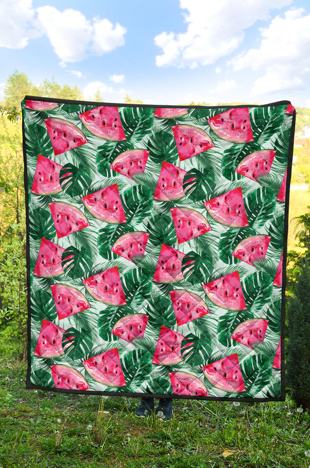 Watermelons Tropical Palm Leaves Pattern Premium Quilt