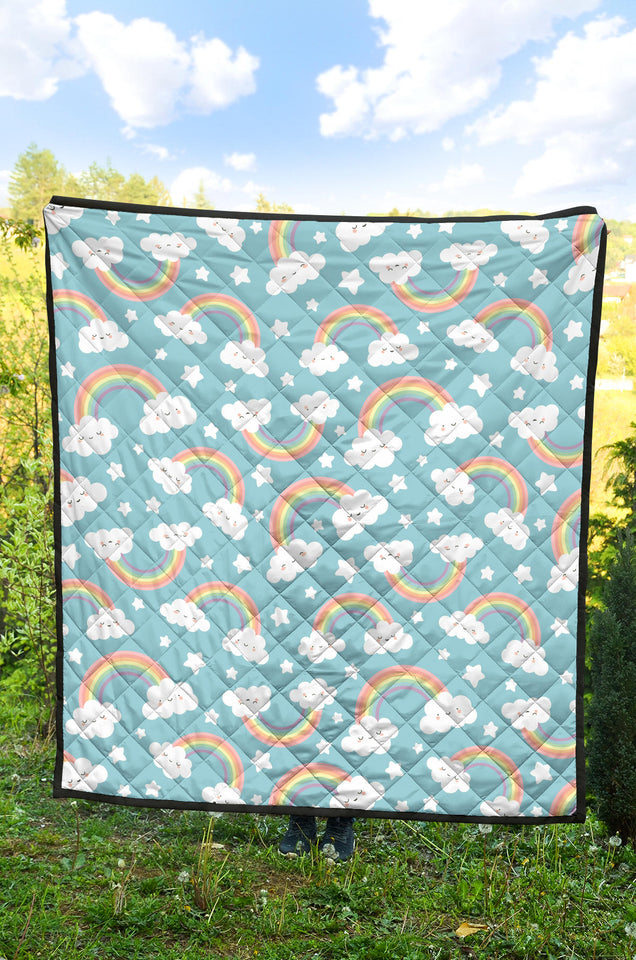 Cute Rainbow Clound Star Pattern Blue Background Premium Quilt