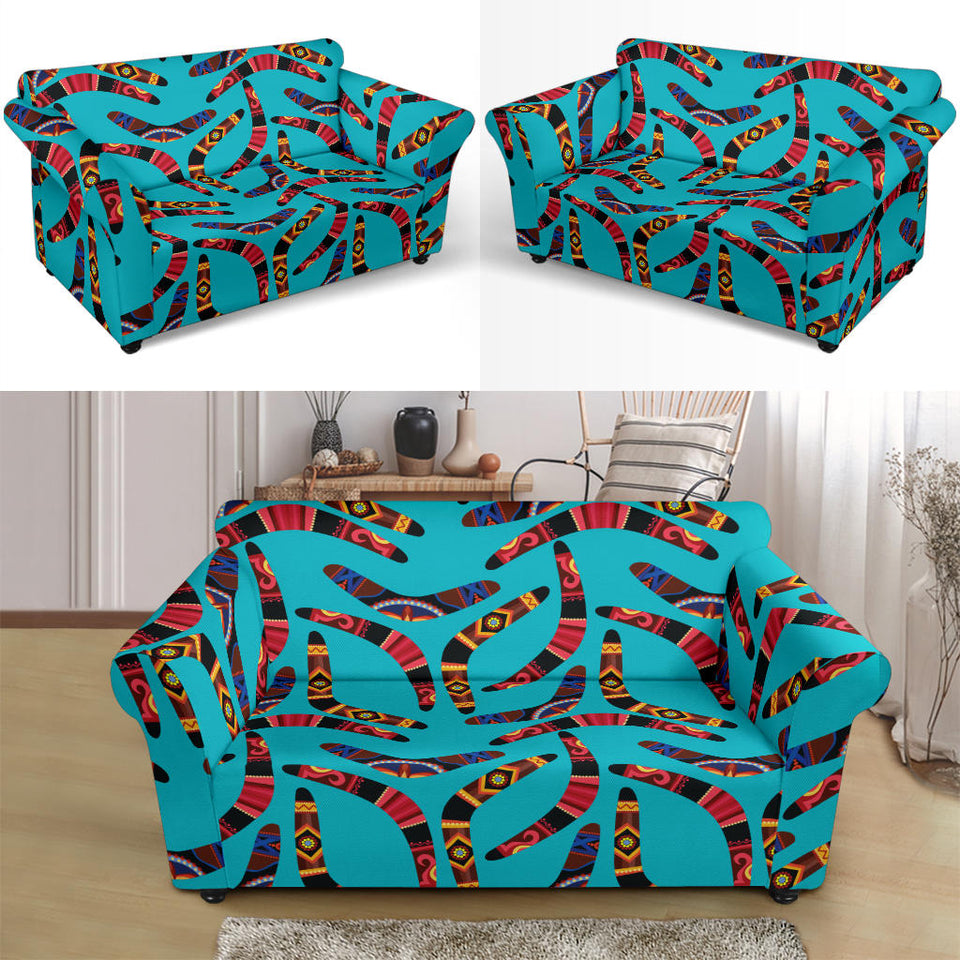 Boomerang Australian Aboriginal Ornament Blue Background Loveseat Couch Slipcover
