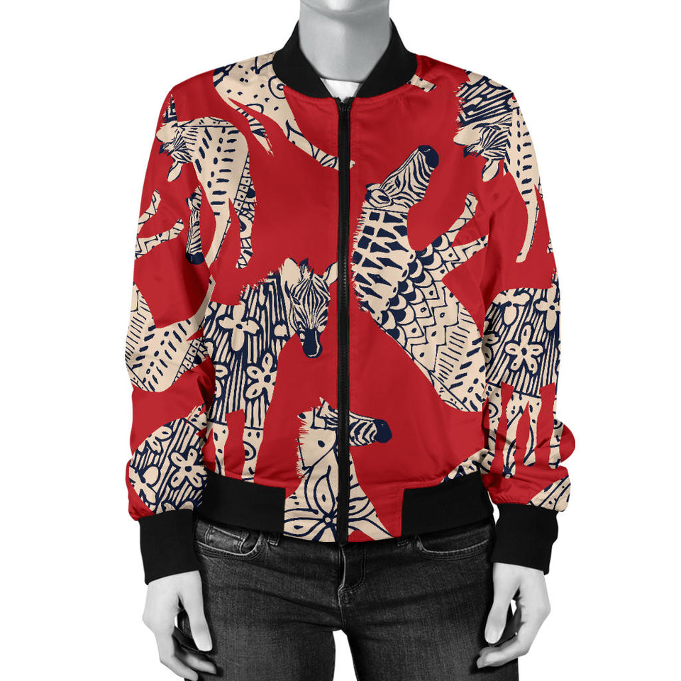 Zebra Abstract Red Background Women'S Bomber Jacket