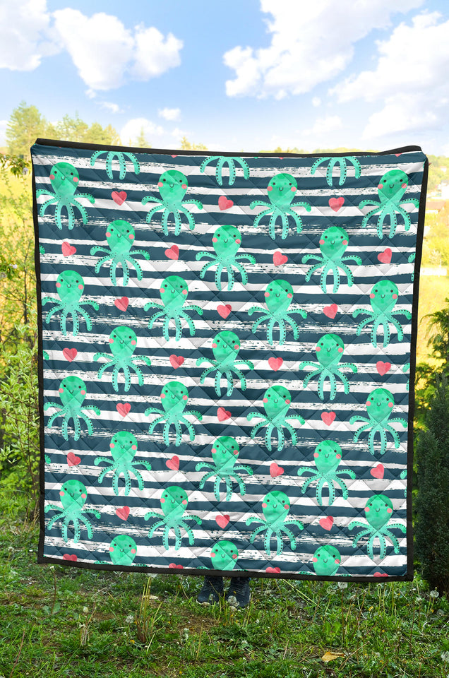 Cute Octopuses Heart Striped Background Premium Quilt
