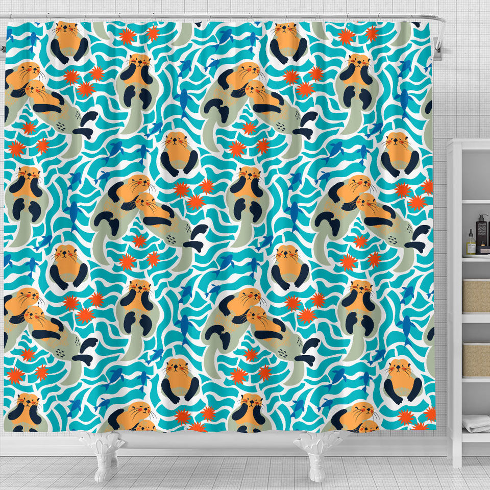 Cute Sea Otters Fishe Sea Urchin Pattern Shower Curtain Fulfilled In US