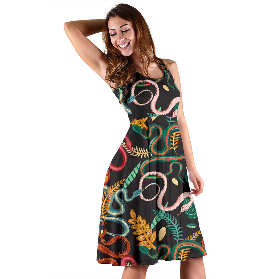 Colorful Snake Plant Pattern Sleeveless Midi Dress