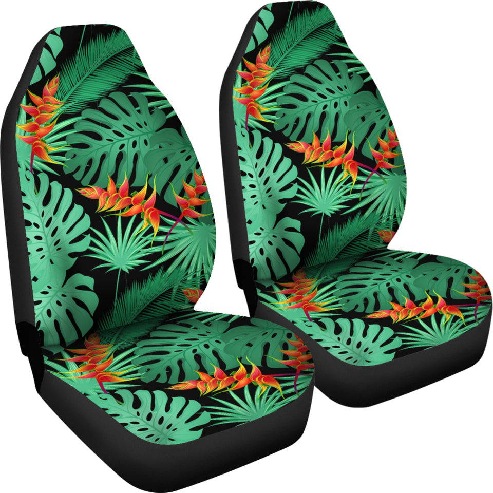Heliconia Flower Palm Monstera Leaves Black Background Universal Fit Car Seat Covers