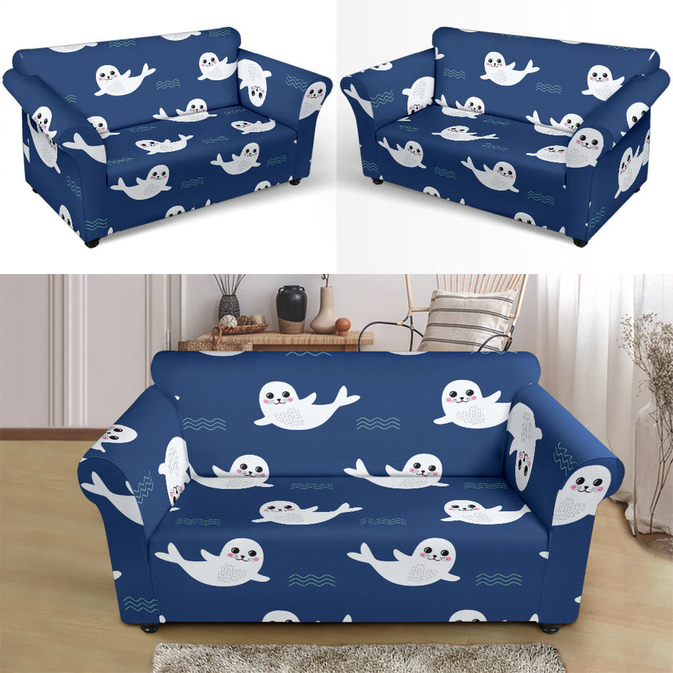 Cute White Baby Sea Lion Seal Pattern Loveseat Couch Slipcover